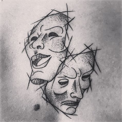 Comedy and Tragedy masks tattoo Comedy Mask Tattoo, Drama Mask Tattoo Design, Theatre Masks Tattoo, Two Faces Tattoo, Masks Drawing, Masks Tattoo, Two Face Tattoo, Theater Mask Tattoo, Theatre Tattoo