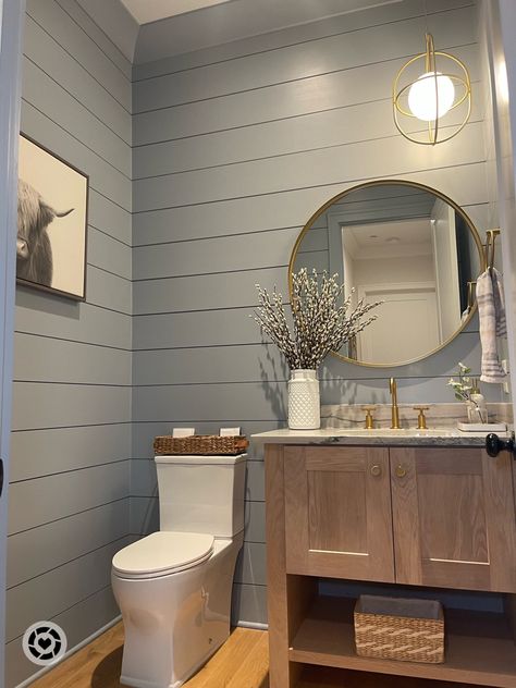 Farmhouse Half Bathroom Ideas, Modern Farmhouse Half Bathroom, Powder Room Inspiration, Modern Farmhouse Powder Room, Blue Shiplap, Wallpaper Decor Ideas, Farmhouse Powder Room, Rustic Powder Room, Half Bath Remodel