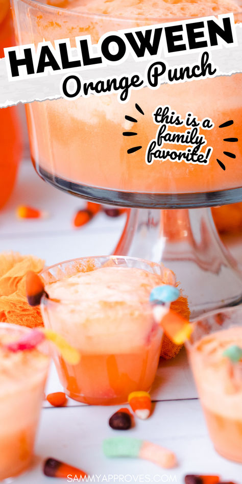 Get ready to brew up some spooky fun with this Halloween Orange Punch! This kid-friendly party punch is sure to be a hit at your next Halloween gathering. With its vibrant orange color and delicious fruity flavors, this Halloween drink will add a festive touch to any celebration. Whether you're hosting a costume party or just looking for a refreshing beverage to enjoy while passing out candy, Halloween Lemonade Punch, Easy Halloween Punch For Kids Party, Orange Punch Halloween, Kid Friendly Halloween Punch Recipes, Orange Colored Punch Recipes, Orange Color Punch Recipes, Orange Party Punch Non Alcoholic, Halloween Punch For Kids Witches Brew, Orange Colored Drinks