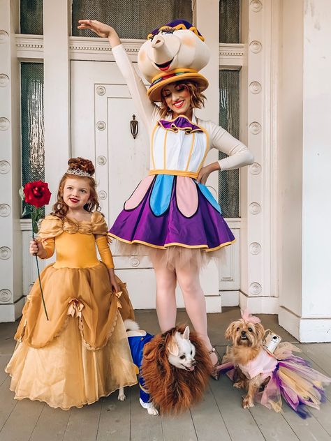 Family Halloween Costumes Beauty And The Beast, Dog Beast Costume, Disney Mom And Daughter Costumes, Mom And Daughter Princess Costume, Mom And Daughters Costumes, Beauty And The Best Family Costumes, Sleeping Beauty Family Costume Ideas, Family Fairytale Costumes, Mother And Daughter Halloween Ideas