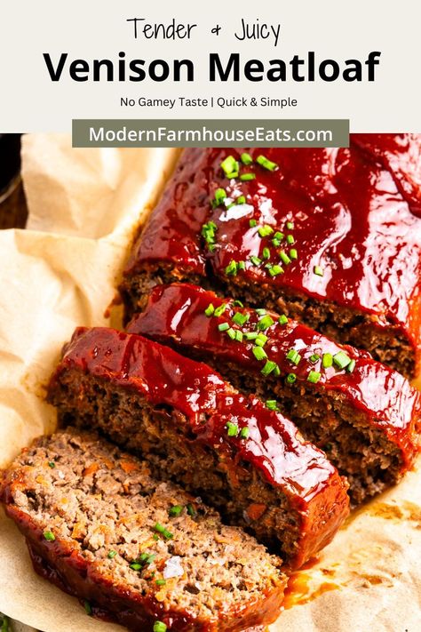 My simple tricks to create the best damn venison meatloaf that is tender, juicy and full of flavor using pantry-staple ingredients. Made with aromatic vegetables, Italian seasoning and a ridiculously good meatloaf glaze. It's one of my favorite ways to use ground venison. Venison And Ground Beef Meatloaf, Best Venison Meatloaf Recipes, Venison Meatloaf Recipes Easy, Meatloaf With Deer Meat, Dinner Ideas Venison, Venison Thanksgiving Recipes, Simple Ground Venison Recipes, Dinner Ideas With Ground Venison, Deer Meatloaf Recipes