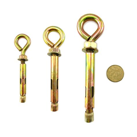 Eye Anchor Bolts. Zinc passivated gold finish and available in 6mm, 8mm & 10mm sizes. Usage: Into concrete or masonry. Shop hardware online at factory direct prices. Australia wide shipping or Melbourne click and collect. Product questions? Call the team on 03 9331 5544. Anchor Bolt, Online Delivery, Melbourne Victoria, Victoria Australia, Gold Finish, Melbourne, Sleeve Length, Gold