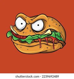 Mad Burger Monster Illustration with an Evil Expression. Fast Food Cartoon Character of a Bad Guy, on brown background. Food Monster Drawing, Monster Food Illustration, Burger Character Illustration, Food Character Design, Evil Expression, Burger Character, Game Doodle, Evil Smirk, Burger Drawing