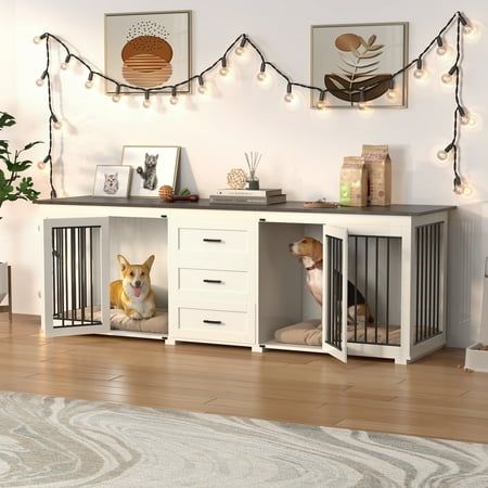 This designer-style modern and classic kennel will blend in perfectly with most furniture styles. The dog cage can also be used as a TV stand,display stand, ect. Adding much elegance to your home decor.This wooden dog cage furniture have 3 large drawers for extra storage space, which is great for storing Dog leash, snacks, medicine and other sundries. Color: White. Dog Cage Furniture, Wooden Dog Cage, Crate Tv Stand, Double Dog Crate, Furniture Style Dog Crate, Wood Dog House, Dog Lounge, Puppy Room, Dog Kennel Furniture