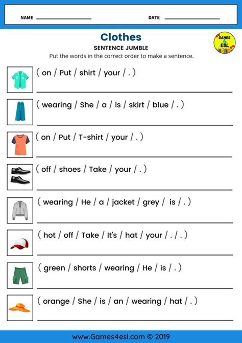 This worksheet for beginner English language students is great to teach clothes vocabulary and sentences. English Worksheets For Grade 1 Sentences, Jumbled Sentences Worksheets For Grade 1, Jumbled Sentences Worksheets, There Is There Are, English Lessons For Beginners, Esl Worksheets For Beginners, Clothes Worksheet, Clothes Game, Clothing Pictures