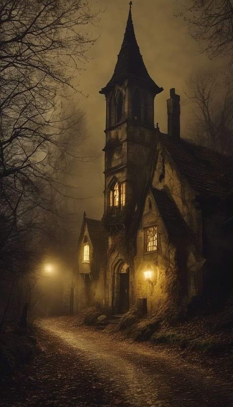 Creepy Places Aesthetic, House At Night Aesthetic, Spooky House Aesthetic, Gothic Tavern, Old House Illustration, Street Scenes Photography, Graveyard House, Gothic Castle Aesthetic, Horror Village