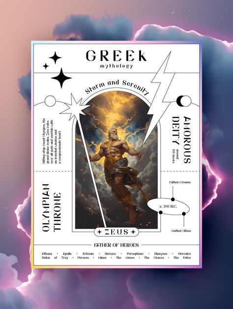 Get ready to embark on an epic journey through the realms of Greek Mythology with our stunning poster card featuring Zeus, the mighty ruler of the gods. This eye-catching visual masterpiece is your key to unlocking the secrets of the divine world. Greek God Graphic Design, Greek Mythology Graphic Design, Greek Poster Design, Greek Mythology Poster, Geometric Graphic Design, Epic Journey, Computer Graphics, Design Typography, The Mighty