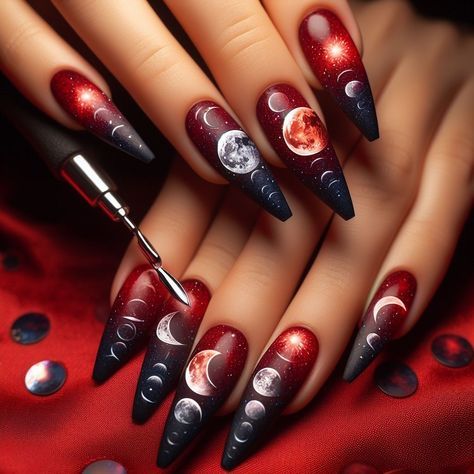 Capture the beauty of twilight with these enchanting nails! 💜🌙 Featuring soft gradients, shimmering stars, and dreamy dusk hues, these nails are perfect for those who love a serene, mystical vibe. 💅✨ #TwilightNails #DreamyMani #EveningGlow Lunar Nail Art, Red Nails With Black Design, Persephone Nails, Viking Nail Art, Rune Nails, Nail Art Witch, Goth Nail Designs, Twilight Nails, Witchy Nail Art