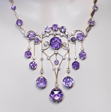 Exceptional Vintage Russian Amethyst Diamond Necklace, Moscow, 1930s. The necklace is handcrafted in gilded silver and set with sparkling light lavender purple Siberian amethysts and diamonds. قلادات متدلية, Bijoux Art Nouveau, Faberge Eggs, Purple Jewelry, Magical Jewelry, Necklace Antique, Pretty Purple, Amethyst Jewelry, Amethyst Necklace