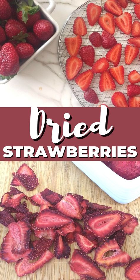 sliced strawberries on a wire rack + dehydrated strawberries Dry Strawberries, Oven Dried Strawberries, Dehydrator Recipes Fruit, Dried Fruit Recipe, Dehydrated Strawberries, Perfect Video, Fruit Chip, Freeze Dried Fruit, Fruit Leather