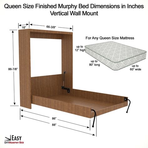 Amazon.com: Queen Size Wall Bed DIY Hardware Parts Kit - Vertical Wall Mount: Home & Kitchen Diy Wall Bed, Wall Bed Frame, Diy Murphy Bed Plans, Wall Bed Diy, Wall Bed Designs, Diy Murphy Bed, Murphy Bed Hardware, Build A Murphy Bed, Bed Frame Plans