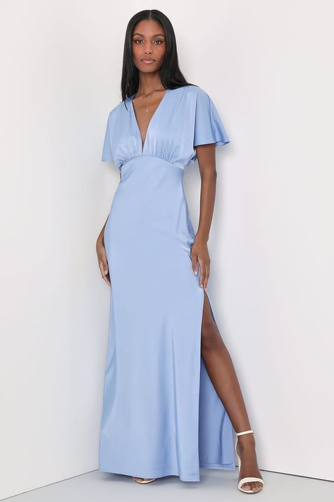 Sky Blue Wedding Guest Dress, Light Blue Satin Dress, Blue Satin Gown, Bridesmaids Blue, Light Blue Maxi Dress, Dolman Sleeve Maxi Dress, Blue Bridesmaids Dresses, Romantic Essence, Dresses Light Blue