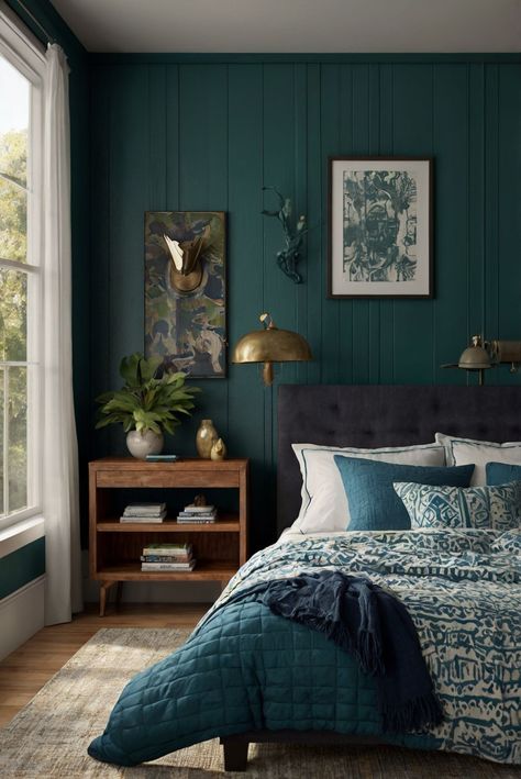 Discover the secrets to effortlessly blending mixed patterns in your bedroom for a harmonious and stylish look. Master pattern mixing now! #ad     #Colortrend #wallpaint2024  #color2024  #DIYpainting  ##DIYhomedecor  #Fixhome Navy And Emerald Bedroom, Sherwin Williams Deep Sea Dive, Fall Decor Green, Coastal Loft, Dark Green Home, Dark Teal Bedroom, Industrial Coastal, Blue Green Bedrooms, Navy Blue Bedrooms