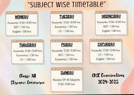 Subject Timetable ✨ plannertemplates #quarterlyplanner☕︎ Class 12 Commerce Study Time Table, Subject Wise Study Planner, Study Timetable Design, Timetable For School Student, Study Timetable Subject Wise, Class 12 Study Time Table, Class 11th Commerce, 12th Study Time Table, 12th Class Study Tips