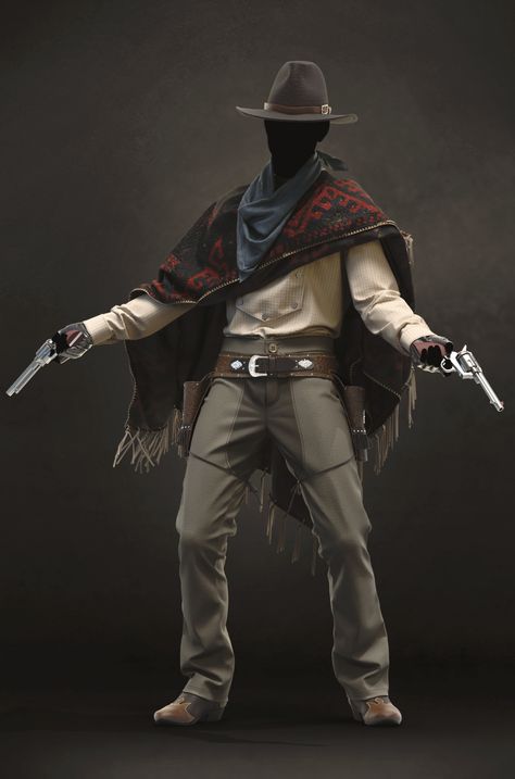 Gunslinger Reference Poses, Old Western Gunslinger, Bounty Hunter Outfit Design, Masc Cowboy Outfit, Wild West Clothing Men, Cool Outfits For Ocs, Cowboy Outfit Drawing Reference, Wild West Fashion Men, Knight Fashion Men