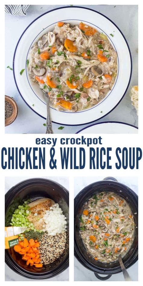 Crockpot Chicken And Wild Rice, Crockpot Chicken Wild Rice Soup, Wild Rice Soup Crockpot, Chicken Breast Soup, Creamy Crockpot Chicken, Crunchy Bread, Chicken And Wild Rice Soup, Wild Rice Soup Recipes, Chicken Wild Rice