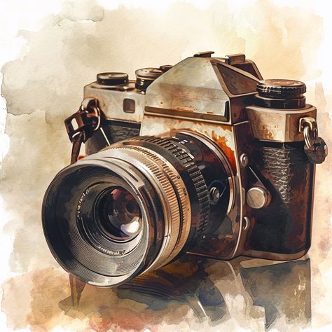 Vintage Camera Drawing, Vintage Cameras Drawing, Watercolor Camera, Photography Layout, Camera Painting, Steampunk Vehicle, Camera Drawing, Chic Tattoo, Camera Art