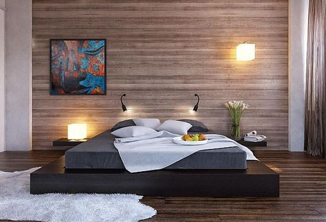 Black platform bed with a modern wood clad bedroom wall beautifully staged Black Platform Bed, Platform Bed Designs, Feature Wall Bedroom, Minimalist Bedroom Decor, Modern Minimalist Bedroom, Diy Platform Bed, Bed Platform, Minimalist Bedroom Design, Bedroom Wall Designs