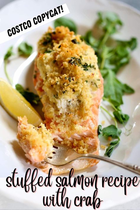 Fresh Salmon is stuffed with a delectable filling of fresh crab meat, cream cheese and seasonings, just like the Costco version, but made at home! Costco Stuffed Salmon Recipe, Crab Stuff Salmon Recipes, Stuffed Salmon Recipe, Crab Stuffed Salmon, Stuffed Salmon, Crab Stuffed, Salmon Dinner, Stuffing Recipes, Salmon Recipe