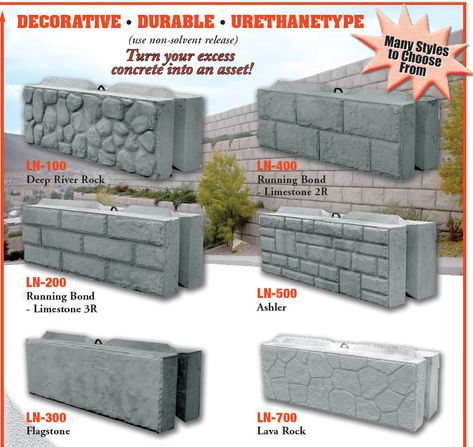 Leonard Marr, Inc. Block Forms - Decorative Liners - Wall & Landscape - Concrete Block Molds Concrete Block Retaining Wall, Interlocking Concrete Blocks, Decorative Concrete Blocks, Wall Landscape, Building A Retaining Wall, Concrete Block Walls, Decoration Beton, Concrete Retaining Walls, Cement Blocks