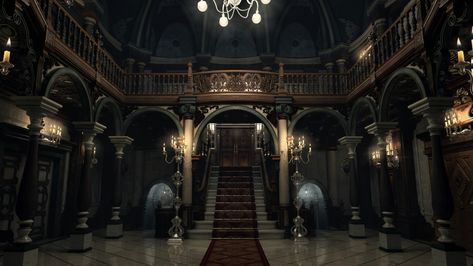 Mansion Hall  Environment, B.O.W. Qin on ArtStation at https://www.artstation.com/artwork/Qa5eE Resident Evil Hd Remaster, Dark Mansion, Gothic Manor, Mansion Aesthetic, Gothic Mansion, Dark Castle, Old Mansion, Gothic Castle, Castle Aesthetic