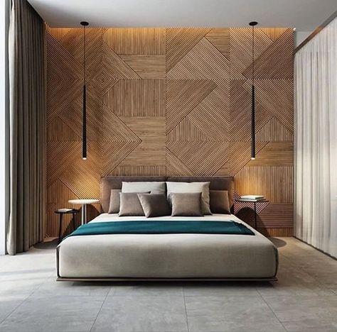 Tambour Wood, Green Headboard, Contemporary Bedroom Design, Studio 54, Trendy Bedroom, Wood Panel Walls, Contemporary Home Decor, Contemporary Bedroom, Luxurious Bedrooms