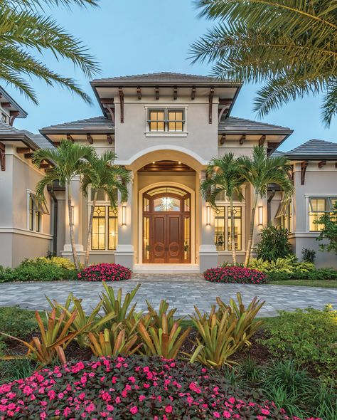 Classic and Coastal Elements Harmonize In Naples Home - Florida Design Sally Richardson, Florida Homes Exterior, Florida Style Homes, Florida Mansion, Florida House Plans, Mediterranean Mansion, Mediterranean Style Home, Beach House Exterior, Florida Design