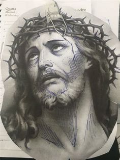 Praying Hands Chest Tattoo, Face Tattoo Drawing, Jesus Face Tattoo, Jesus With Crown Of Thorns, Jesus Sketch, Jesus Drawing, Jesus Christ Tattoo, Jesus Tattoo Design, Archangel Tattoo