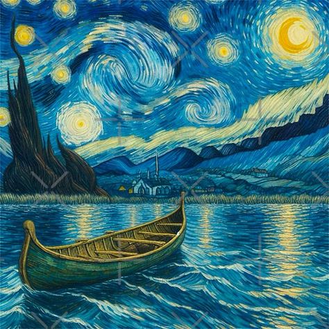 Canoe on a Lake Under a Starry Night - Van Gogh Style Digital Art by Star-Fragment | Redbubble Van Gogh Paintings Starry Nights, Star Night Van Gogh, Van Gogh Art Style, Star Fragment, Van Gogh Tattoo, Van Gogh Landscapes, Van Gogh Style, Disney Canvas, Starry Night Painting