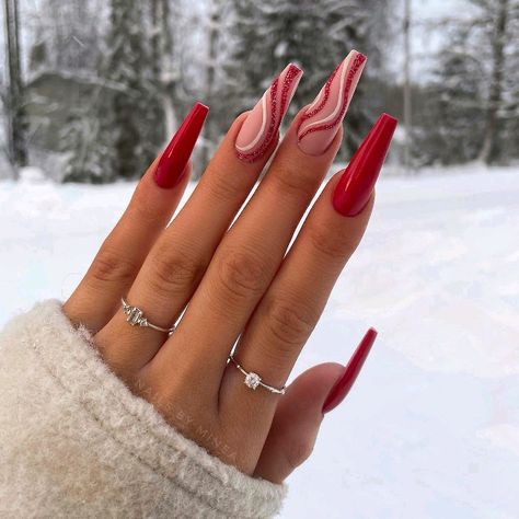 Cute Red Nails, Long Red Nails, Red And White Nails, Red Christmas Nails, Red Acrylic Nails, Beige Nails, Red Nail Designs, Christmas Nails Acrylic, Coffin Nails Long