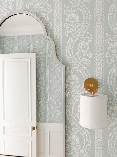 Versailles Wallpaper, Classic Powder Room, Powder Bath Wallpaper, Hamptons Bathroom, Wallpaper Powder Room, Custom Home Build, Traditional Home Magazine, Powder Bathroom, Powder Room Wallpaper