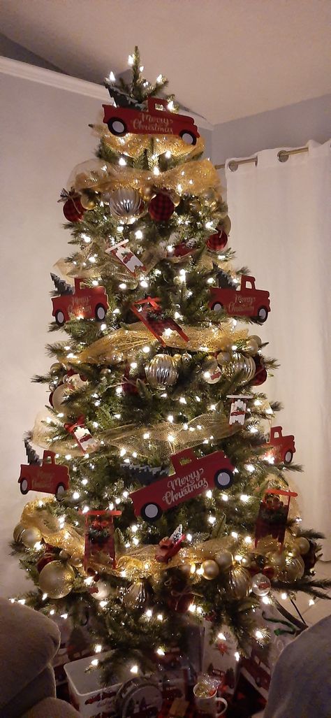 Truck Theme Christmas Tree, Christmas Tree Red Truck Theme, Farm Truck Christmas Tree, Little Red Truck Christmas Tree, Red Truck Christmas Tree Theme, Portland Christmas, Doorway Ideas, Sleigh Ornaments, Christmas Truck Tree