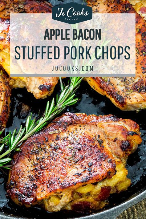 Apple Bacon Stuffed Pork Chops - thick cut, juicy pork chops cooked to perfection and loaded with an incredible apple, bacon and blue cheese stuffing. #stuffedporkchops #porkchops #recipe #theotherwhitemeat Baked Stuffed Pork Chops, Stuffed Pork Chops, Apple Pork, Apple Pork Chops, Pork Chop Recipes Baked, Pork Chop Dinner, Jo Cooks, Juicy Pork Chops, Stuffed Pork