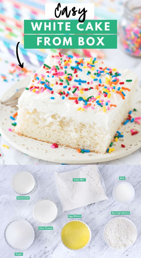 Our family loves this recipe for easy white cake! The vanilla cake turns out so moist and flavorful, gets tons of compliments each time I make it, plus no one knows it’s a box cake mix recipe! Learn our tips for how to make a box cake taste homemade. #whitecake #vanillacake #boxcakemixrecipe #doctorupcake #easycake White Box Cake Mix Hacks, Easy White Cake, Cake Mix Doctor, Vanilla Sheet Cakes, Cake Mix Recipe, Boxed Cake Mixes Recipes, Cheesecake Oreo, Homemade Snickers, White Cake Recipe