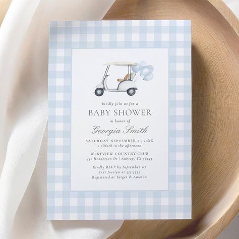 Blue Gingham Golf Baby Shower Invitation Golf Baby Showers, Golf Baby, Golf Birthday, Shower Inspiration, Boy Birthday Invitations, Green Gingham, Invitation Baby Shower, Invite Friends, 1st Birthday Invitations