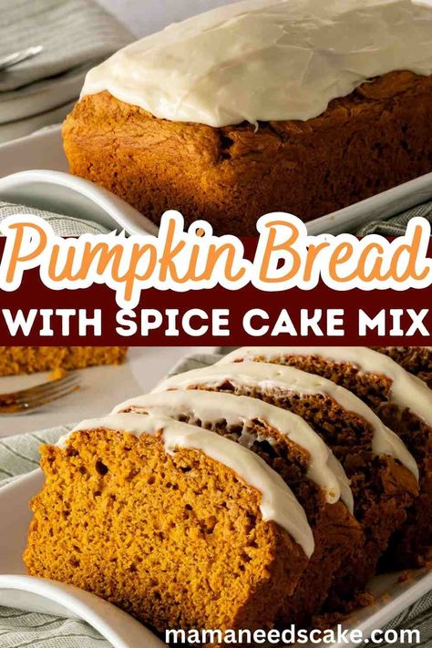 Turn Yellow Cake Mix Into Spice Cake, Easy Pumpkin Bread With Cake Mix Boxes, Pumpkin Bread With Spice Cake, Cake Mix Pumpkin Bread, Pumpkin Spice Cake Mix, Spice Cake Mix Recipes, Pumpkin Spice Cake Recipe, Pumpkin Cake Mix, Easy Pumpkin Bread