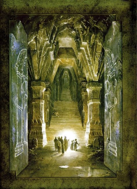 The Fellowship in Moria by Alan Lee. I love all of this man's work. It's gorgeous. Alan Lee Art, Mines Of Moria, Tolkien Illustration, Alan Lee, John Howe, Illustration Fantasy, Middle Earth Art, Tolkien Books, Tolkien Art