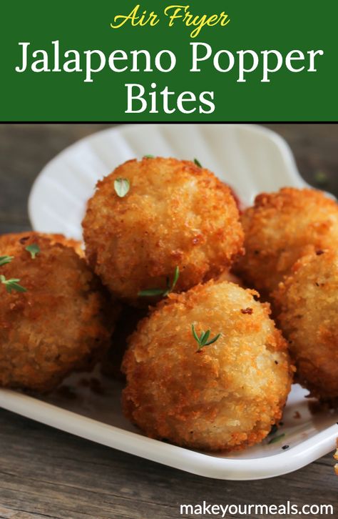 All the flavors of Jalapeno Poppers made in an easy to eat, bite size appetizer and cooked in the Air Fryer! The perfect game day or party snack or appetizer! #jalapeno #popper #bites #balls #creamcheese #cheese #bacon #peppers #gameday #tailgate #Superbowl #party #appetizer #snack #airfryer #makeyourmeals Jalapeno Popper Balls, Popper Recipes, Popper Bites, Air Fryer Jalapeno, Jalapeno Popper Bites, Fried Jalapenos, Jalapeno Popper Recipes, Potluck Ideas, Ball Recipes