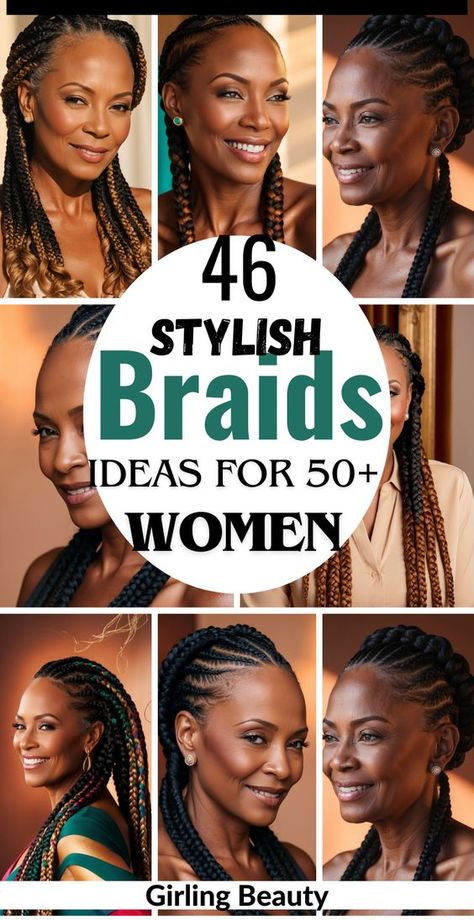 46 stylish braids hairstyles for women over 50, perfect for adding elegance and flair to your look. From classic braided updos to chic twists and sophisticated styles, find inspiration for ageless beauty. #BraidsHairstyles #WomenOver50 Professional Braided Hairstyles For Work Black Women, Braids For Middle Age Black Women, Box Braids For Older Black Women, Braid Updo Hairstyles For Black Women, Braids For Women Over 50 Black, Braids For Big Foreheads African, Braid Extensions Black Women, Latest Hair Braids Styles 2024 For Women, Older Women Braided Hairstyles