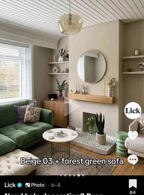 Earth Living Room Decor, Small Living Room Ideas Sage Green, Sage Green Sofa Color Combos, Green And Neutral Living Room Cozy, Beige Walls Green Couch, Soft Green Living Room Decor, Green And Sand Living Room, Green Sofa Neutral Living Room, Green And Pine Living Room