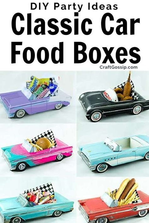 12 Classic Car Party Food Boxes – GM Collection – Party Ideas Old School Car Birthday Party, Vintage Car Party Ideas, Classic Car Decorations Party, Classic Car Party Ideas, Classic Car Party Decorations, Volkswagen Party Ideas, Chevy Truck Birthday Party Ideas, Classic Car 60th Birthday Party, Classic Cars Party