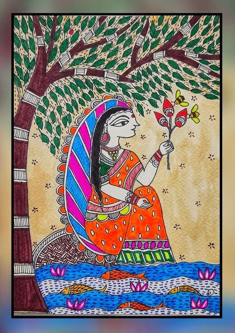 Madhubani art on A5 paper. Madhubani Lady, Painted Clothing, Hand Painted Clothing, Madhubani Art, Hand Painted, Art