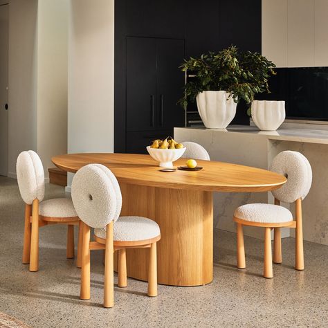 With a contemporary aesthetic & functional appeal, the eye-catching Peta Dining Chair features luxe cream boucle upholstery & a solid natural timber frame. The generously padded seat and cushioned donut back make the Peta Dining Chair as comfortable as it is fun. Swipe to see more details >> #architectsaustralia #timelessinteriordesign #diningroomdesign #sydneydesign #propertystyling #sydneyinteriorstyling #melbournehomestyling #sydneyhomestyling #propertystylistbrisbane #eleganthomedecor ... Timeless Interior Design, Oval Dining Table, Contemporary Modern Furniture, Oval Table Dining, Creative Living, Elegant Home Decor, Elegant Designs, Contemporary Aesthetic, Oak Veneer