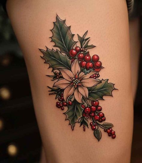 Holly Tattoo Color, Four Season Tattoo, Holly Tattoo Design, Poinsetta Tattoo Design, Pointsetta Tattoo Flower, Yule Tattoo, Holly Tattoo Flowers, Holly Leaf Tattoo, Holly Berry Tattoo