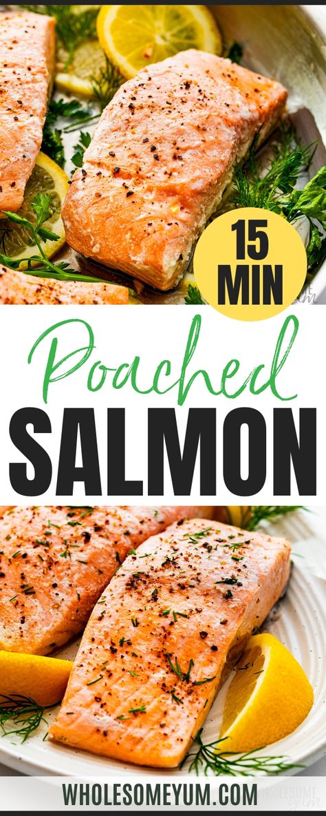 Make my moist, flaky poached salmon recipe with white wine, lemon, garlic, and fresh herbs. A restaurant-worthy dish in just 15 minutes! Olive Oil Poached Salmon, Butter Poached Salmon, Poached Salmon Recipes, Poaching Salmon, Salmon Garlic Butter, Recipe With White Wine, Fancy Seafood, Creamy Tuscan Salmon, Salmon Air Fryer