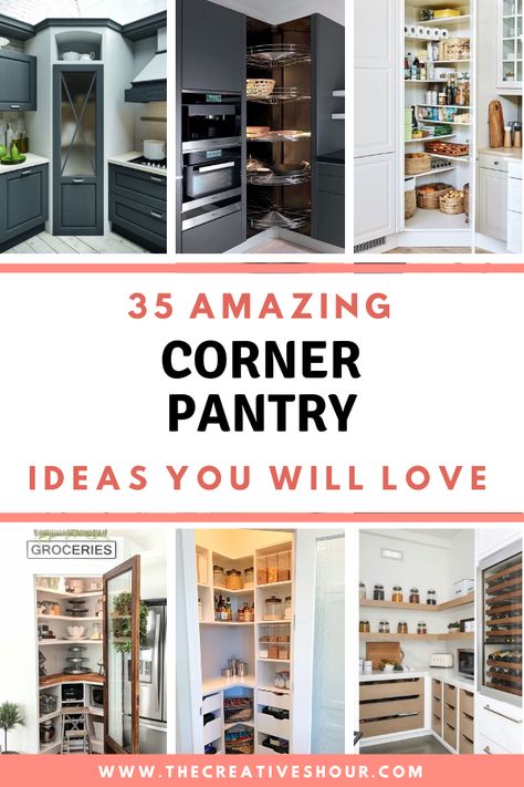 Discover ingenious corner pantry ideas for maximizing kitchen storage and organization. Make the most of your space with these solutions. Free Standing Corner Pantry, Diy Corner Kitchen Pantry, Corner Pantry Ikea, Angled Pantry Ideas, Walk In Corner Pantry Ideas Layout, Walk In Corner Pantry Design, Pantry In Corner Of Kitchen, Kitchen Pantry Organisation, Corner Pantries In Kitchen