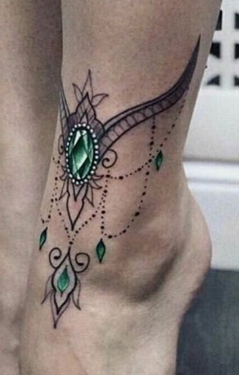 Jewel Arm Tattoo, Emerald Taurus Tattoo, Jewelry Tattoos For Women, Ankle Foot Tattoo, Jewelry Tattoo Designs, Cuff Tattoo, Gem Tattoo, Jewel Tattoo, Hip Thigh Tattoos