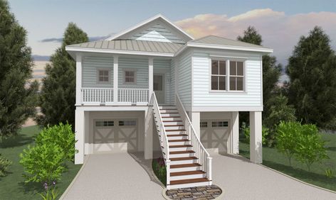 Elevated, Piling and Stilt House Plans - Page 36 of 53 - Coastal Home Plans House Plans With Garage Underneath, Coastal Cottage House Plans, House Plans With Garage, Roblox Houses, Bloxburg Homes, Beach House Floor, Beach House Floor Plans, Beach House Plan, Roblox House