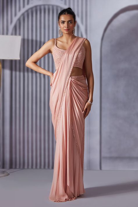 Shop for these amazing collections of Pink Saree: Crepe Chiffon Embroidered Border Pre-draped With Blouse For Women by Pritika Vora online at Aza Fashions. Pink Net Saree Look, Heavy Blouse With Plain Saree, Saree Blouse Designs Sleeveless, Pastel Pink Saree, Saree Blouse Sleeveless, Side Zip Blouse, Cocktail Sarees, Plain Georgette Saree, Sleeveless Blouse Designs