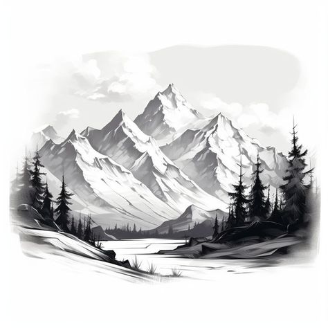 Mountains Pencil Drawing, Mountain Scene Tattoo Design, Mountain And Trees Tattoo Design, Montagne Tattoo, Mountain Range Drawing, Berg Tattoo, Mountains Drawing, Mountain Outline, Mountain Range Tattoo